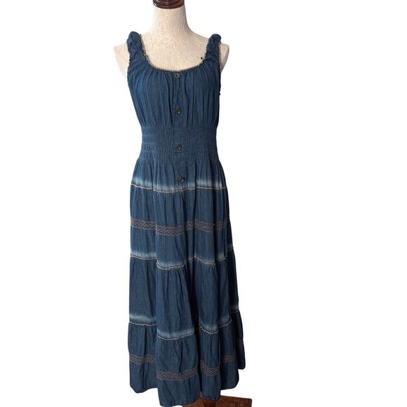 Denim Lapis  smocked maxi dress boho tiered cottagecore prairie L - Picture 3 of 11
